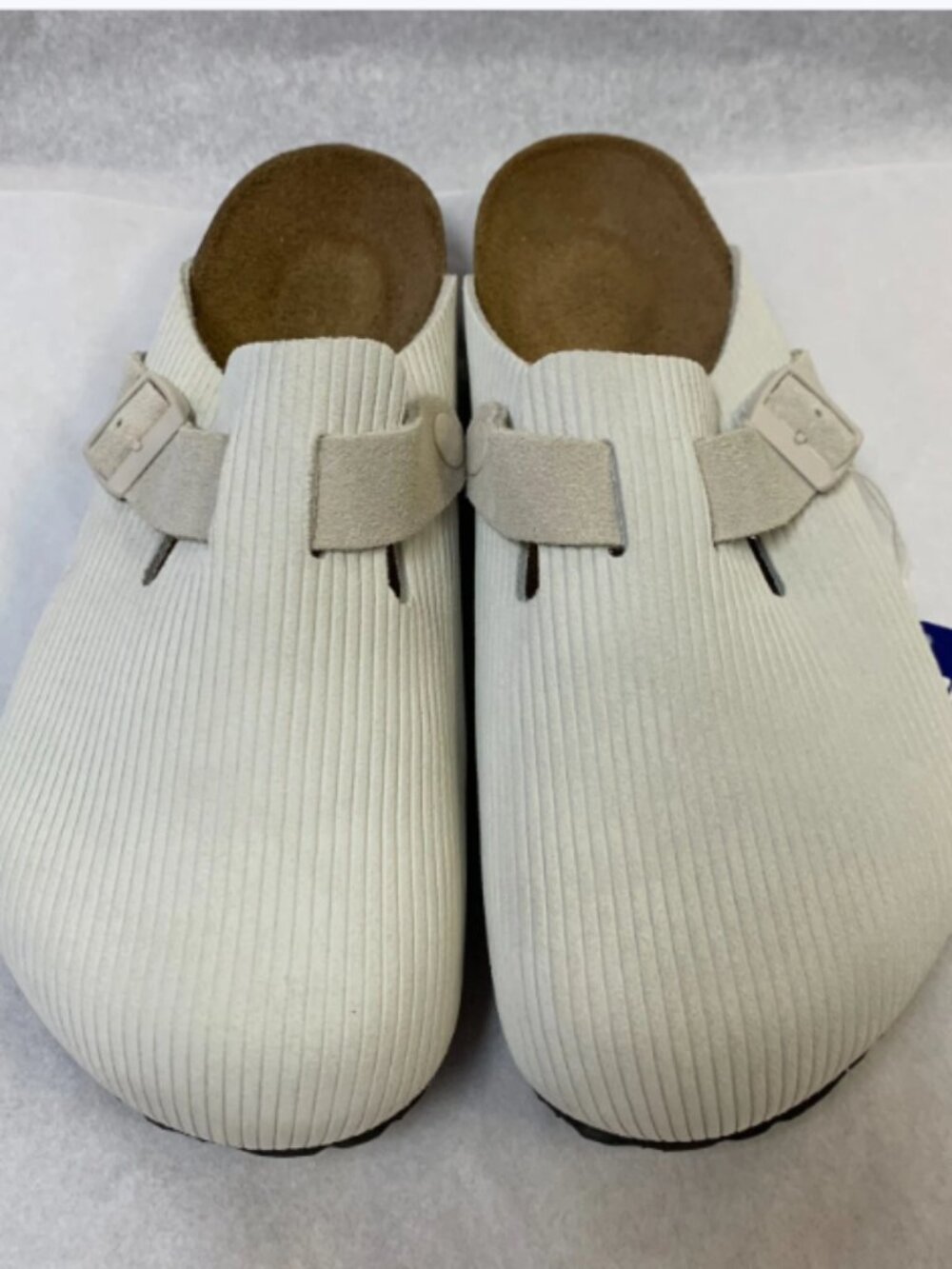 Birkenstock Boston Corduroy Antique White Suede Embossed Narrow Width Sandals